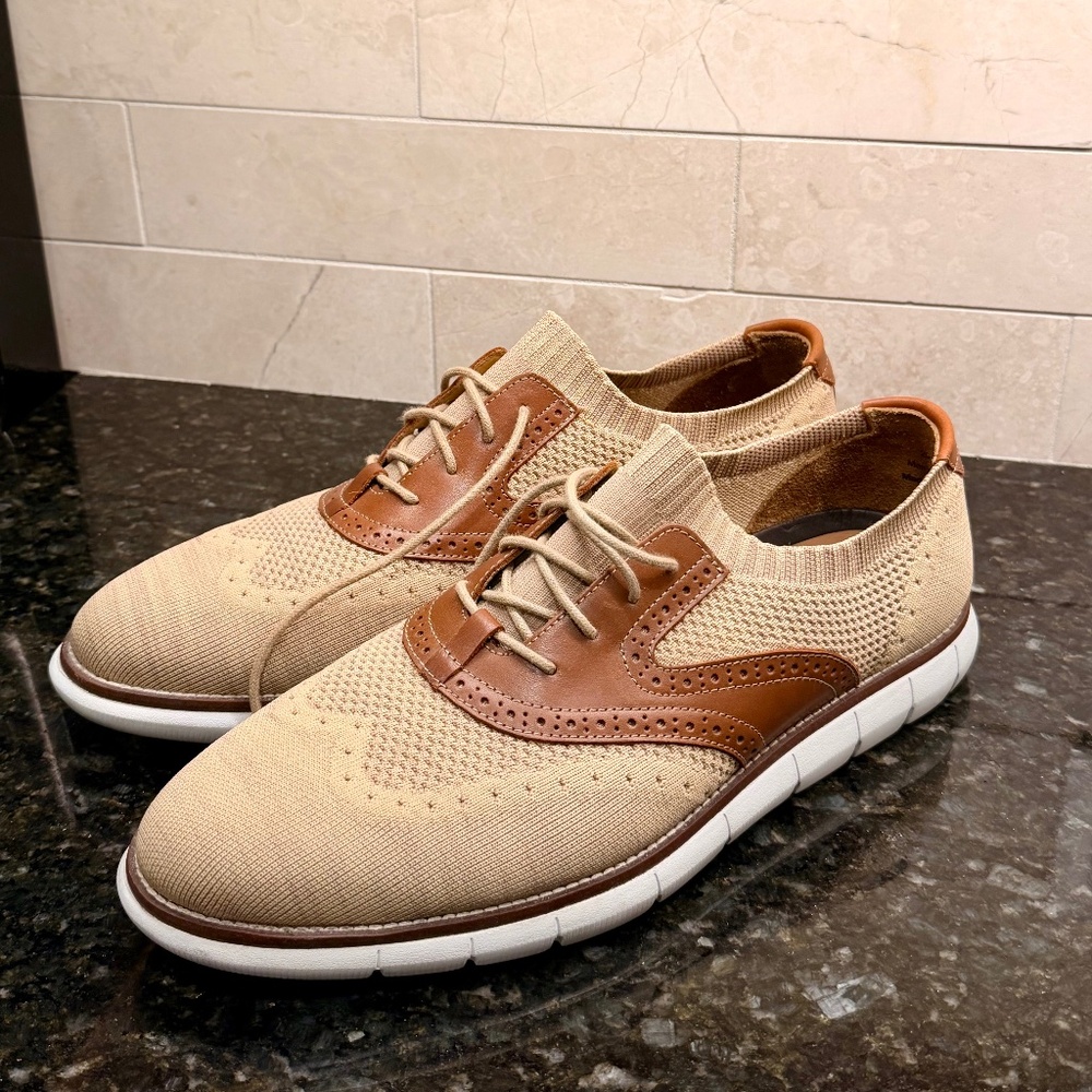 Johnston & Murphy Holden Knit Wingtip – Beige/Tan Hybrid Dress Sneakers